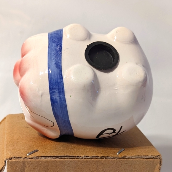 Vintage Ceramic Piggy Bank Big Eyes Blue Bow With Pink Ears Rare #26 - Picture 5 of 6